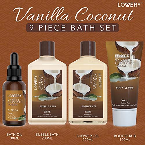 Bath and Body Gift Basket For Women and Men – 9 Piece Set of Vanilla Coconut Home Spa Set, Includes Fragrant Lotions, Extra Large Bath Bombs, Coconut Oil, Luxurious Bath Towel & More