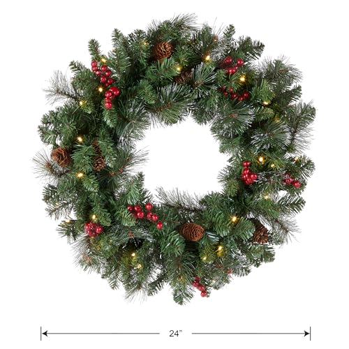 National Tree Company Pre-Lit Artificial Christmas Wreath, Green, Crestwood Spruce, White Lights, Decorated with Pine Cones, Berry Clusters, Frosted Branches, Christmas Collection, 24 Inches