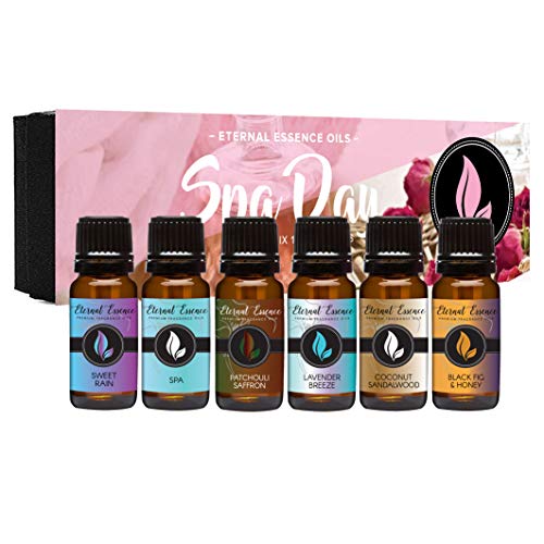 Eternal Essence Oils Spa Day Set of 6 Premium Fragrance Oils - Lavender Breeze, Sweet Rain, Coconut Sandalwood, Black Fig & Honey, Patchouli Saffron and Spa - for Candle, Soap Making, & More