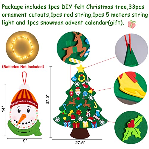 3ft DIY Lighted Felt Christmas Tree Set Plus Snowman Advent Calendar - Xmas Decorations Wall Hanging 33 Ornaments Kids Gift with String Light (Batteries Not Included)