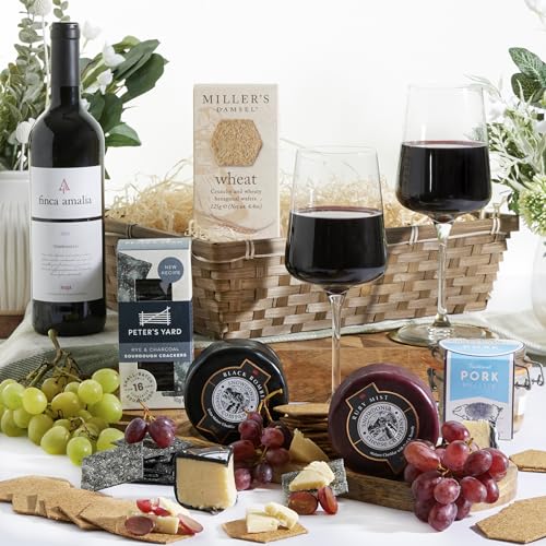 Cheese and Wine Hamper, With Pate - Award Winning Snowdonia Cheese, Rioja Red Wine, Pate Gift Hamper Basket | Food Hampers For Men, Red Wine Gift Set, Hampers For Men & Women, by Clearwater Hampers