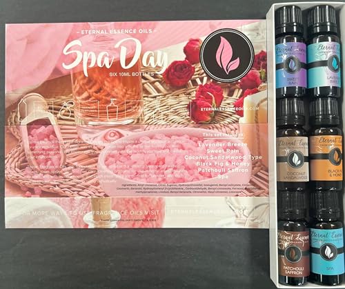 Eternal Essence Oils Spa Day Set of 6 Premium Fragrance Oils - Lavender Breeze, Sweet Rain, Coconut Sandalwood, Black Fig & Honey, Patchouli Saffron and Spa - for Candle, Soap Making, & More