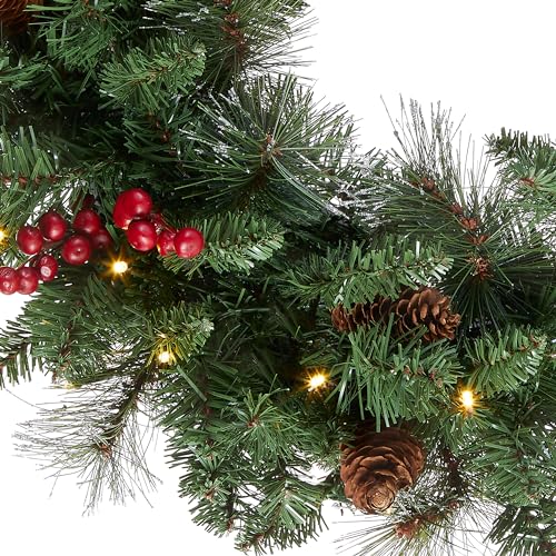 National Tree Company Pre-Lit Artificial Christmas Wreath, Green, Crestwood Spruce, White Lights, Decorated with Pine Cones, Berry Clusters, Frosted Branches, Christmas Collection, 24 Inches