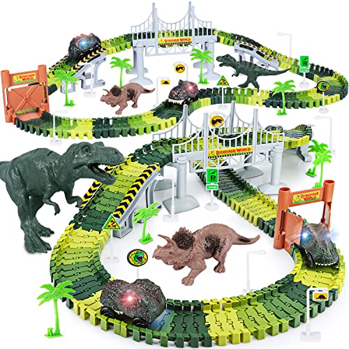 Dinosaur Toys, 252 PCS Create A Dinosaur World Road Race Tracks, Flexible Track Playset, 2pcs Dinosaur Car for 3 4 5 6 Year Old Boys Girls Birthday Party Favor Gift